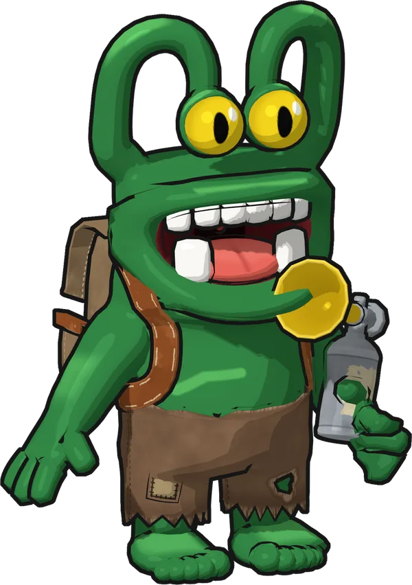Doogie, een groen monster met ogen in twee lussen, een oude rugzak en een luchthoorn