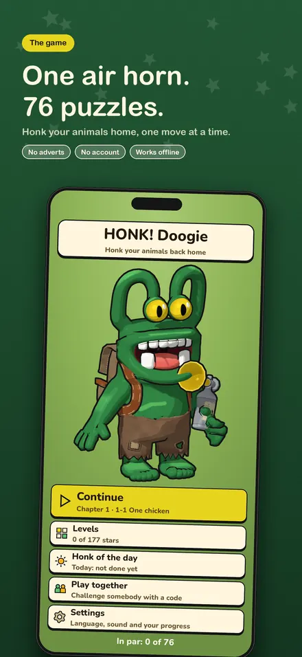 The title screen with Doogie and the menu: Continue, Levels, Honk of the day, Play together and Settings