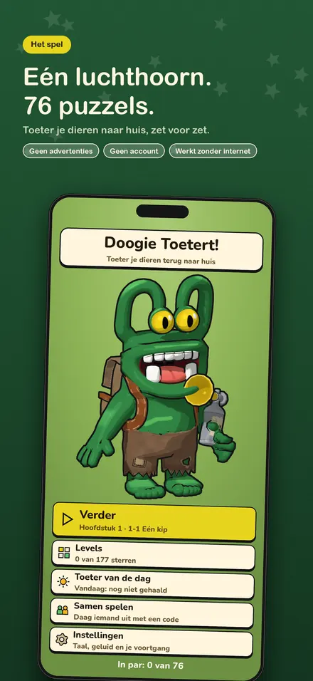 Het titelscherm met Doogie en het menu: Verder, Levels, Toeter van de dag, Samen spelen en Instellingen