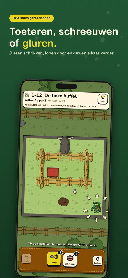 Doogie richt zijn toeter op de boze buffel in level 1-12, met pijlen voor elke richting