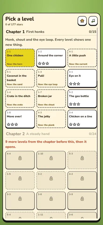 In-game screenshot: The level list: six chapters