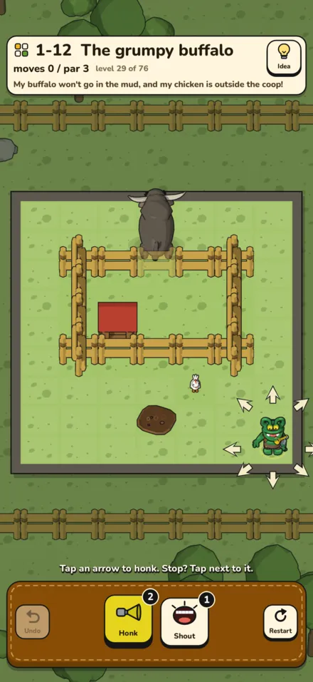 In-game screenshot: Aiming a honk at the grumpy buffalo