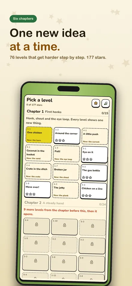 App Store screenshot: One new idea at a time. The level list