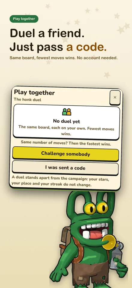 App Store screenshot: Duel a friend. Just pass a code
